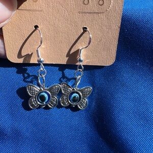 Butterfly ‘Evil Eye’ Earrings, Blue/Silver Hypoallergenic, Handmade, New!
